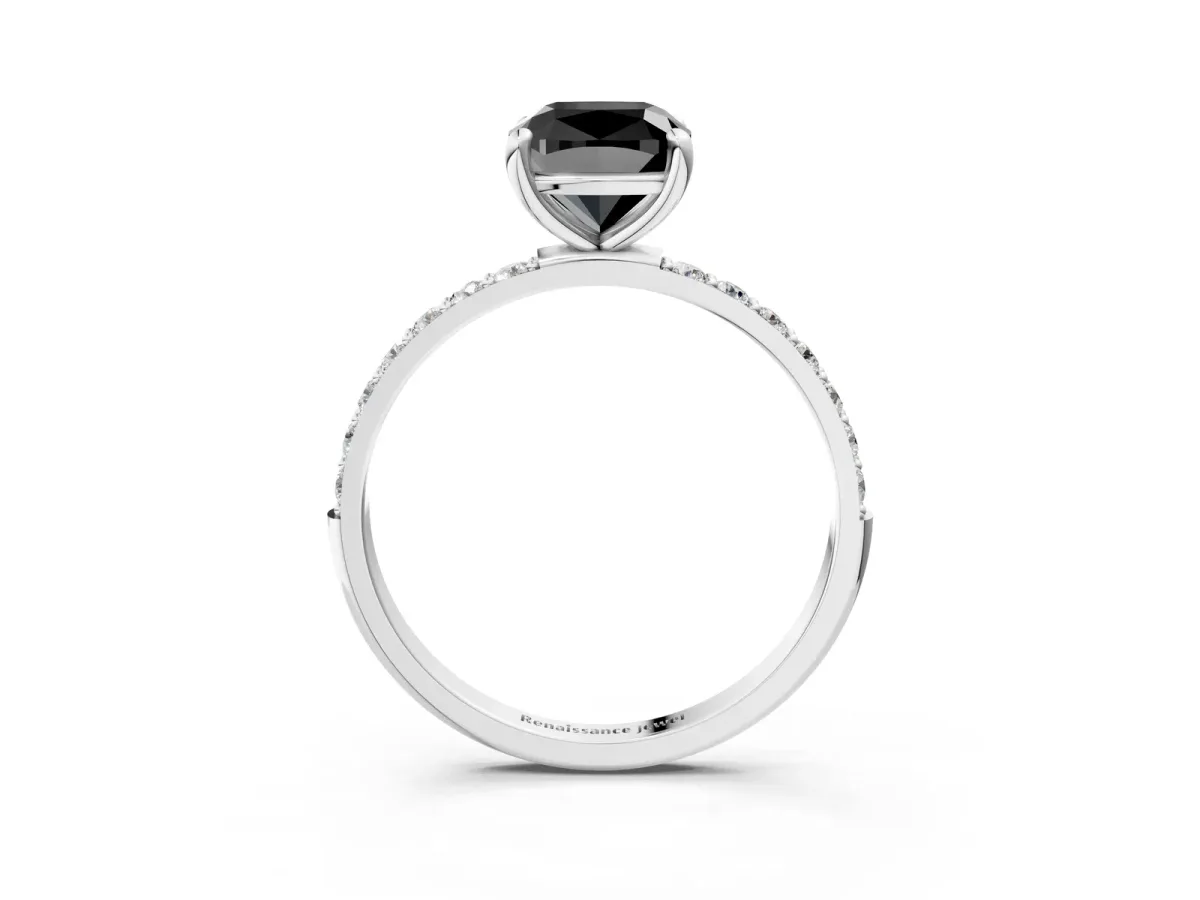 Fancy Black Cushion Cut Diamond Solitaire Ring with Round Pavé Band and Prong Setting Silver