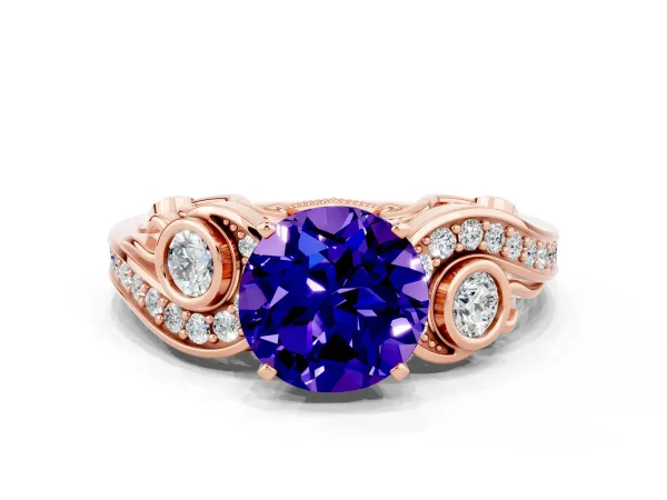Round Cut Tanzanite Solitaire Ring with Milgrain Pavé Band and Four-Prong Setting Rose gold