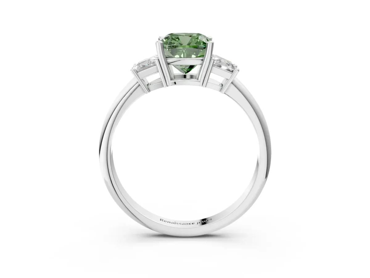 Fancy Green Cushion Cut Diamond Three-Stone Ring with Trapezoid Side Stones and Prong Setting Silver