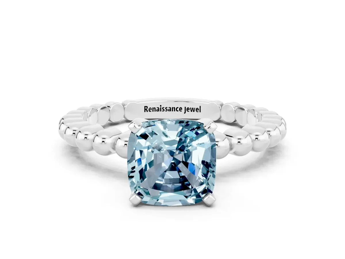Cushion Cut Aquamarine Solitaire Ring with Beaded Band and Prong Setting Silver