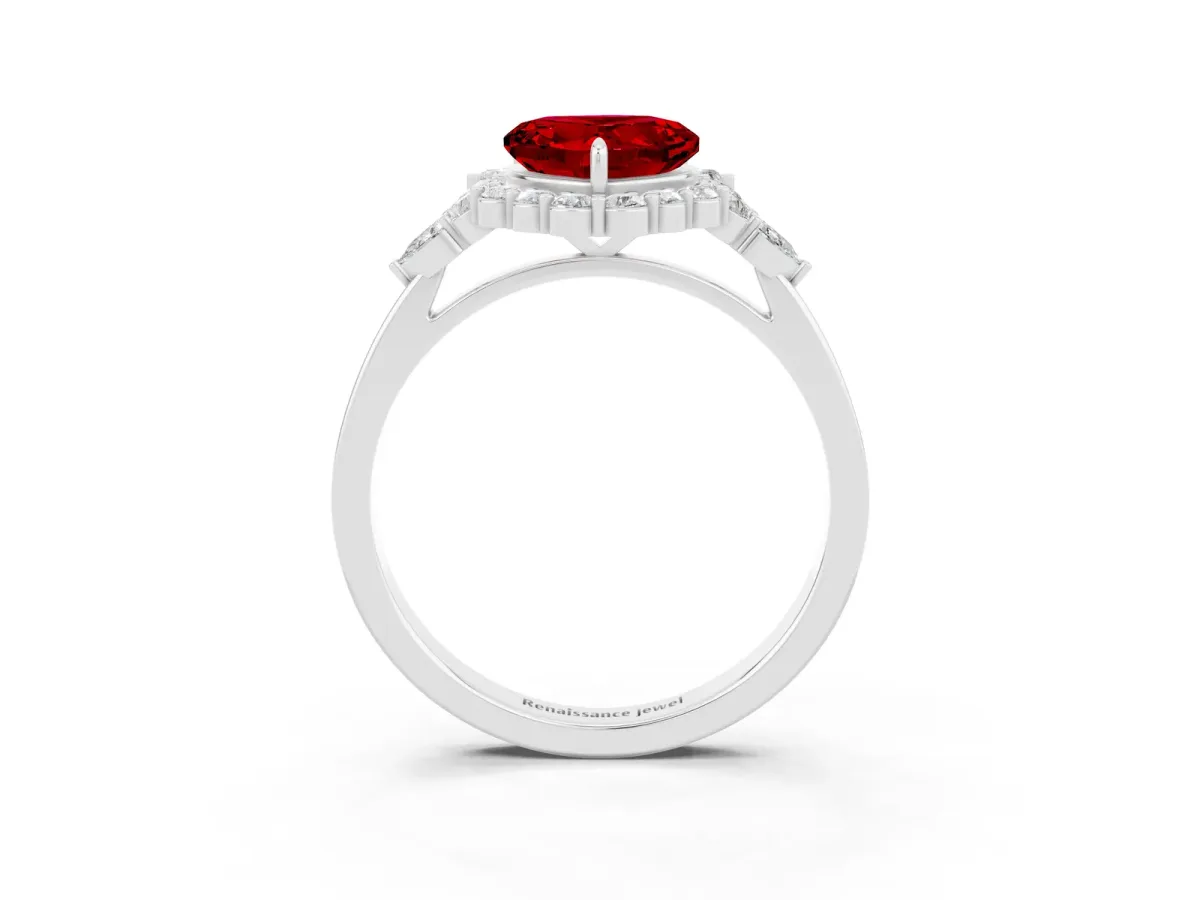 Heart Cut Ruby Halo Ring with Pear Side Stones and Prong Setting Silver