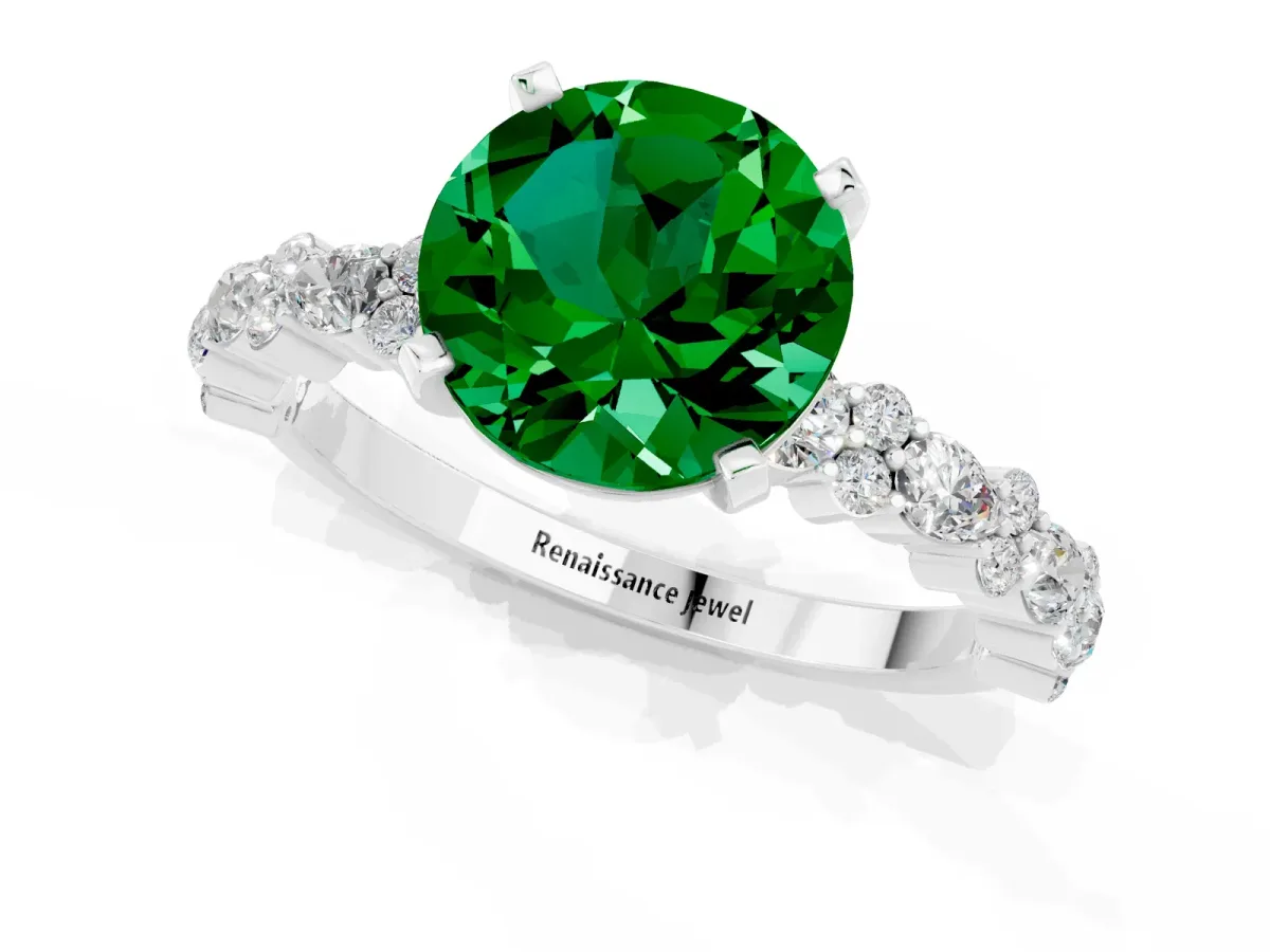 Round Cut Emerald Side Stone Solitaire Ring with Round and Four-Prong Setting Silver
