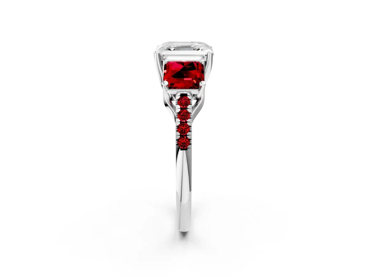 Three-Stone Asscher Cut Diamond Ring with Round Ruby Pavé Band and Prong Setting Platinum