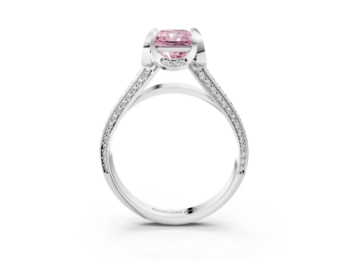 Fancy Pink Radiant Cut Solitaire Pave Split Shank Ring with Four-Prong Setting Platinum