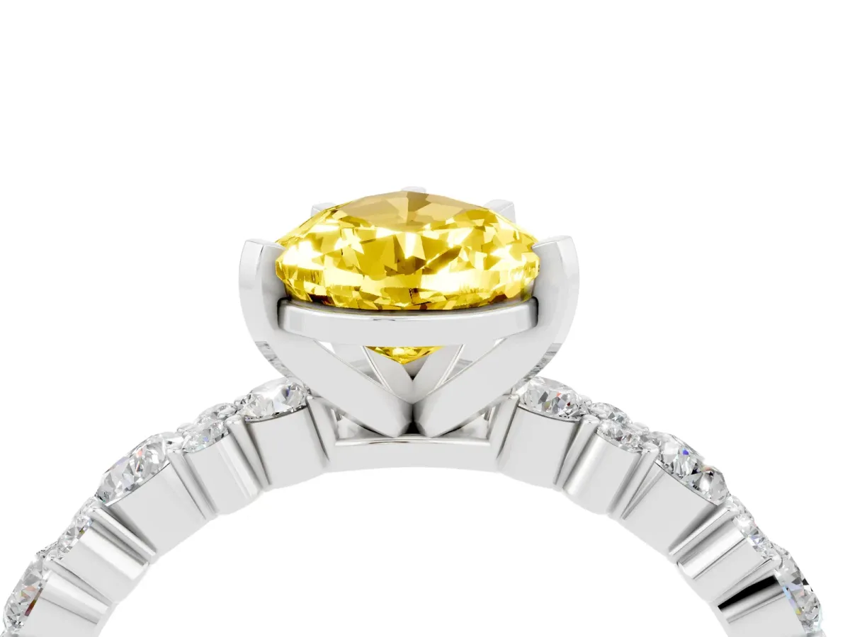 Pear Cut Yellow Sapphire Side Stone Solitaire Ring with Round and Four-Prong Setting Silver