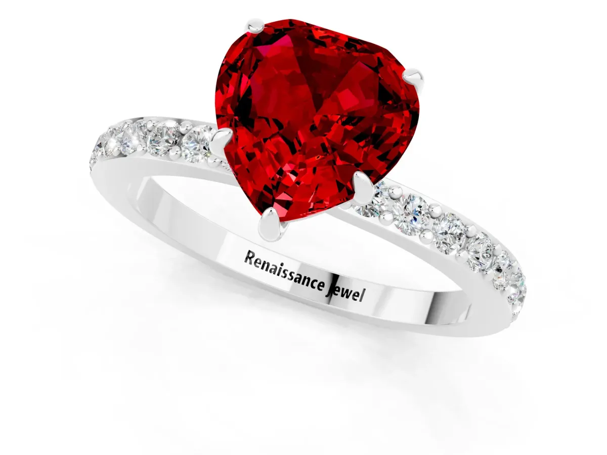 Heart Cut Ruby Pavé Engagement Ring with Round Accents and Prong Setting Silver