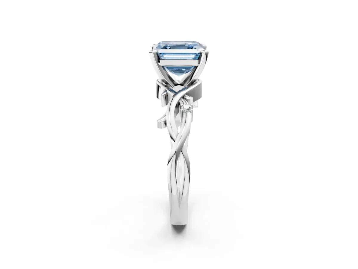 Fancy Blue Asscher Cut Diamond Solitaire Ring with Twisted Band and Prong Setting Silver