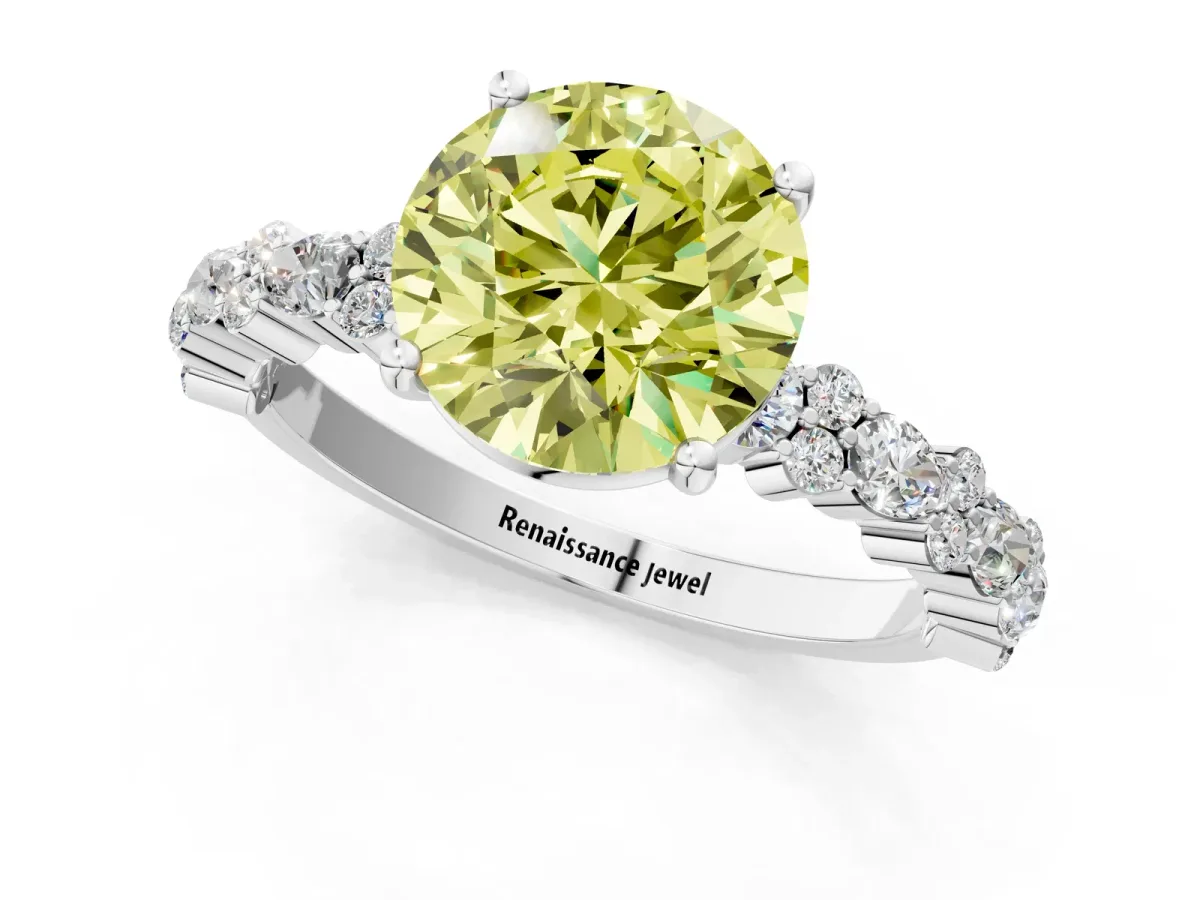 Fancy Yellow Round Cut Diamond Side Stone Solitaire Ring with Round and Four-Prong Setting White gold