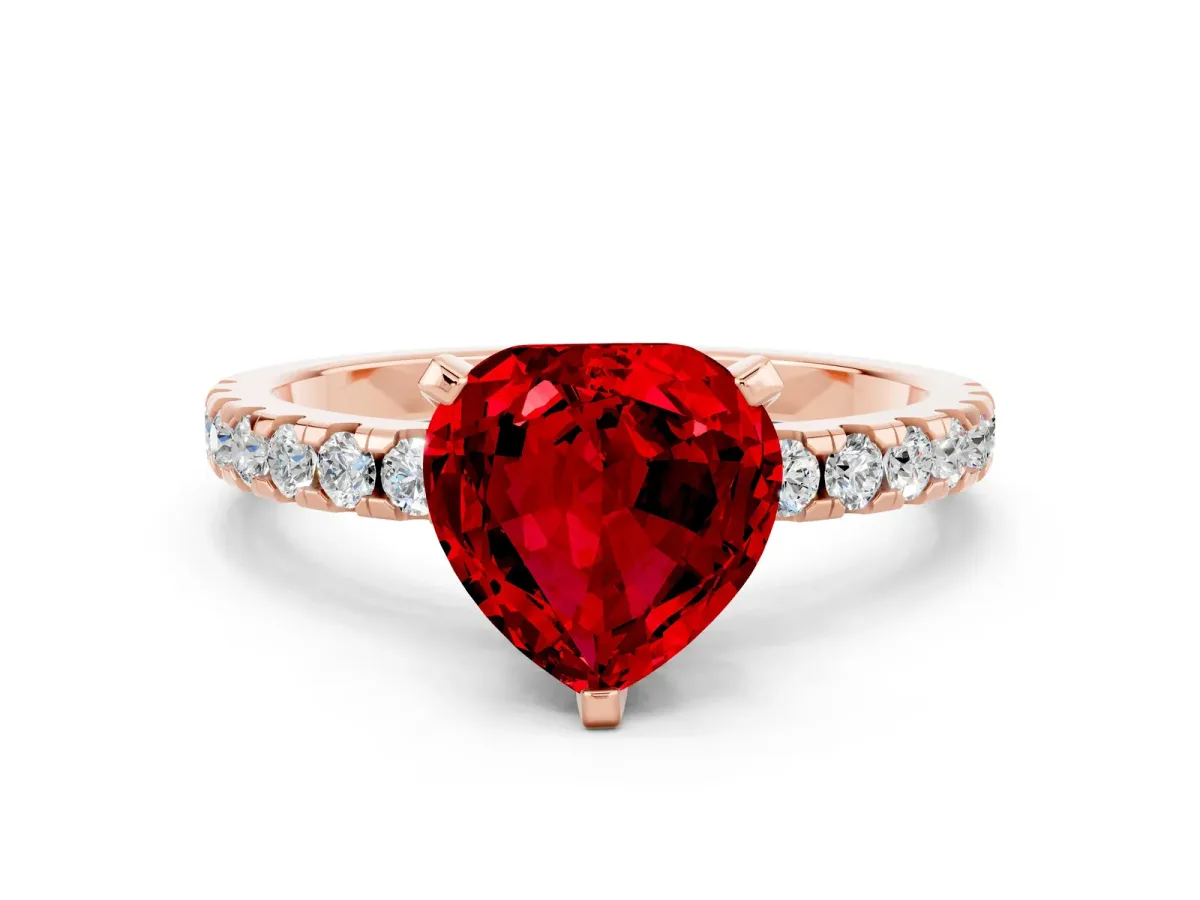 Heart Cut Ruby Solitaire Ring with Round Pavé Band and Four-Prong Setting Rose gold