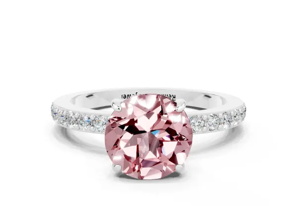 Round Cut Morganite Solitaire Engagement Ring with Pavé Band and Four-Prong Setting Platinum