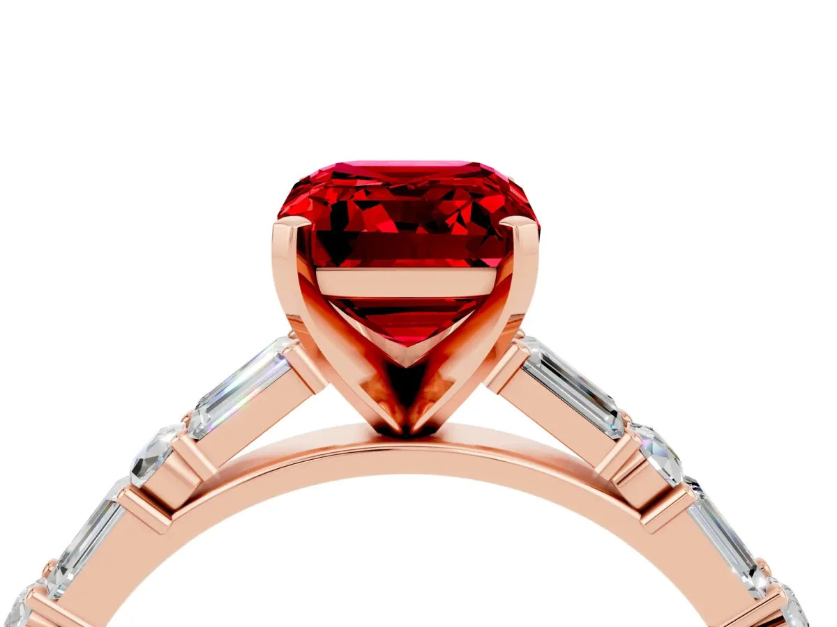 Emerald Cut Ruby Solitaire with Side Baguettes and Channel Set Band Rose gold