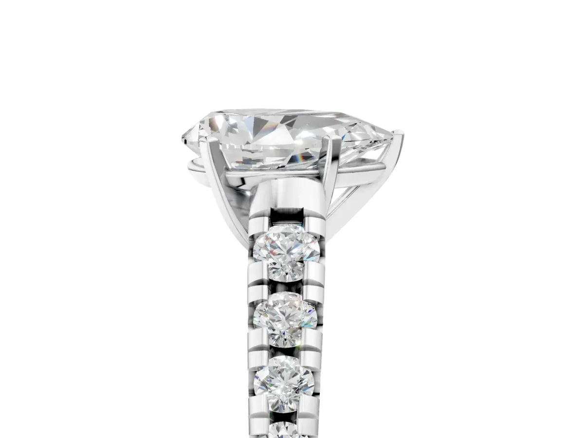 Pear Cut Diamond Cathedral Solitaire Ring with Round Pavé Band Platinum