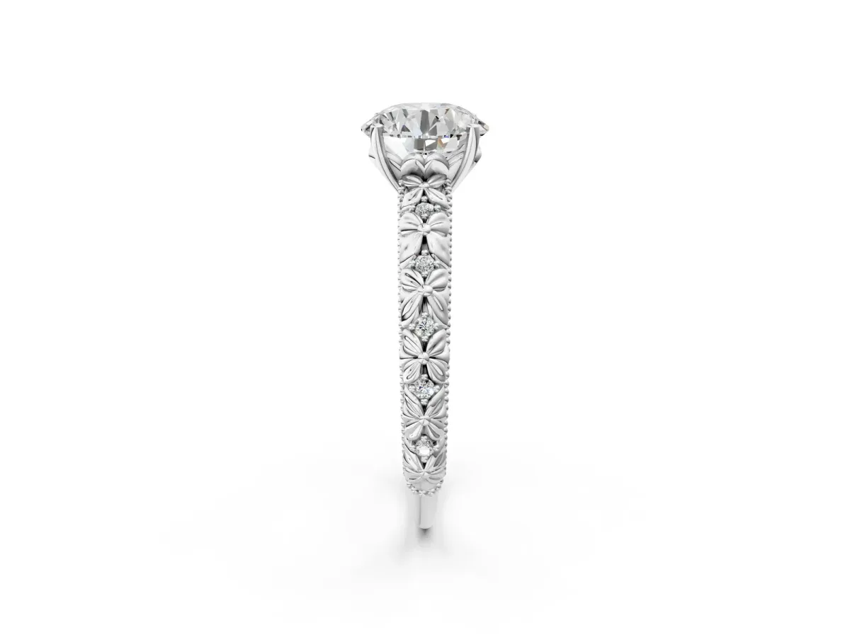 Round Cut Solitaire Floral Milgrain Engagement Ring Silver