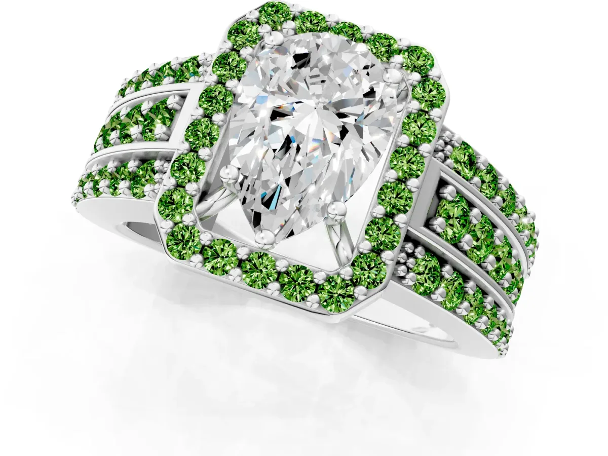 Pear Cut Halo Diamond Ring with Round Peridot Split Shank and Prong Setting Platinum