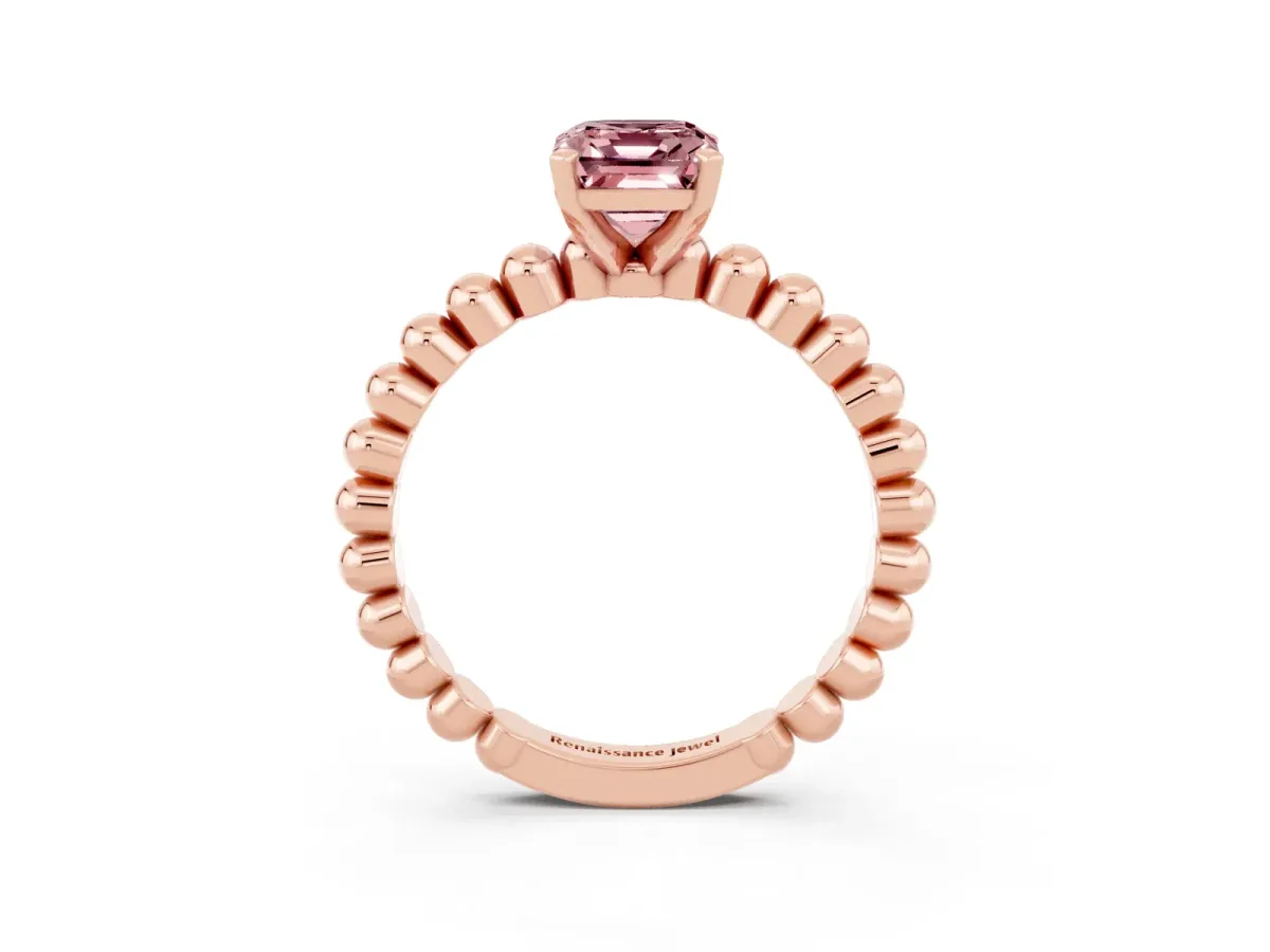 Emerald Cut Morganite Solitaire Ring with Beaded Band and Prong Setting Rose gold