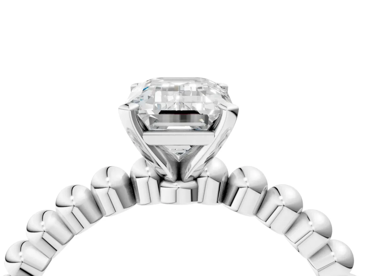 Emerald Cut Diamond Solitaire Ring with Beaded Band and Prong Setting Silver