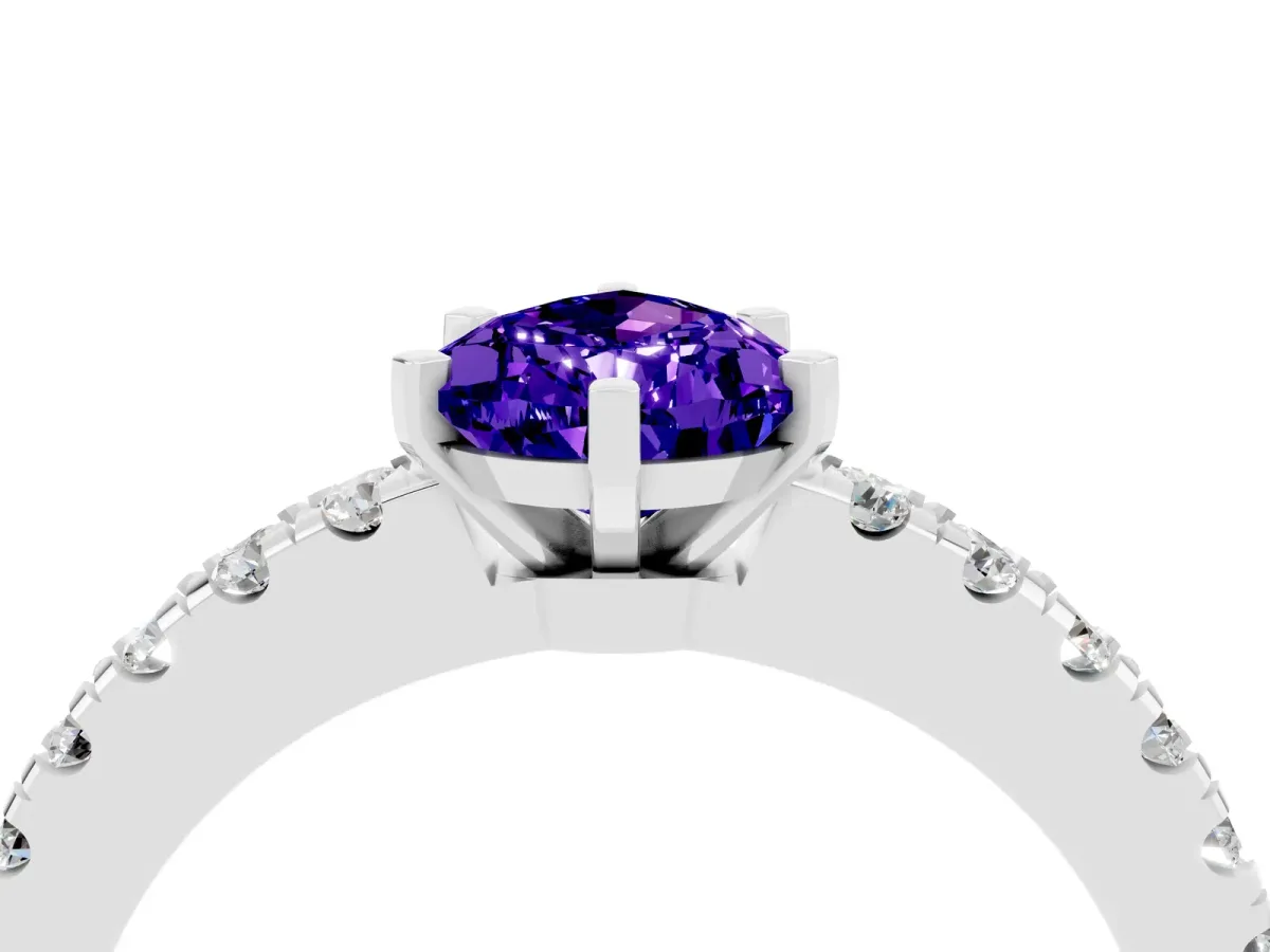 Pear Cut Solitaire Tanzanite with Pavé Band and Four-Prong Setting Silver