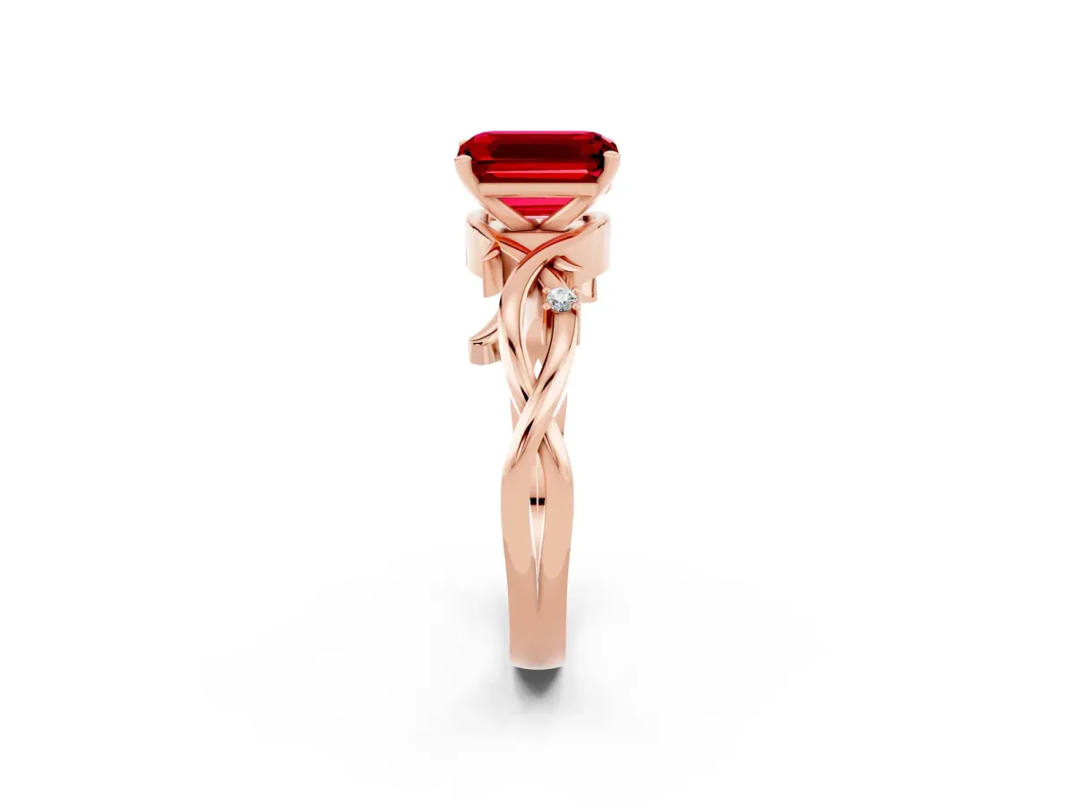 Emerald Cut Ruby Solitaire Ring with Twisted Band and Prong Setting Rose gold