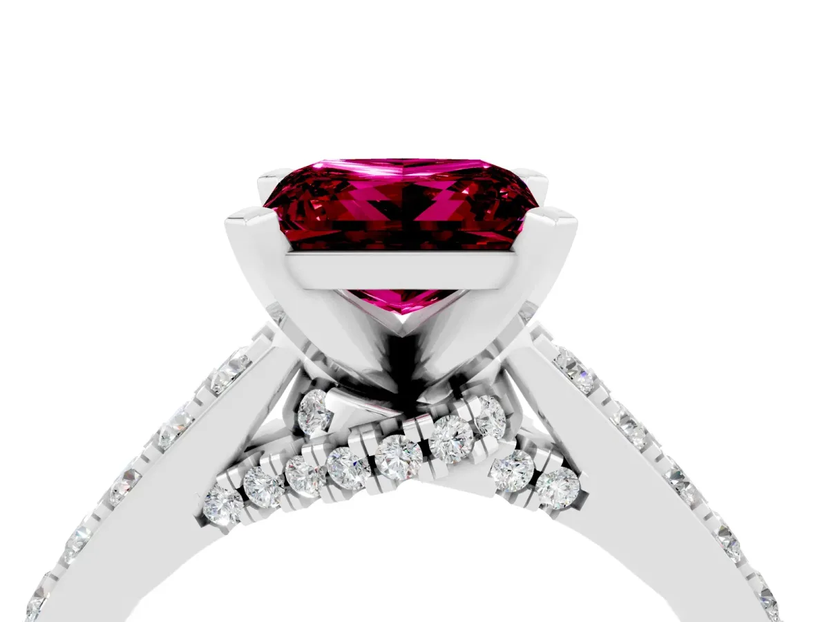 Princess Cut Garnet Solitaire Ring with Crossover Gallery and Round Pavé Band Silver