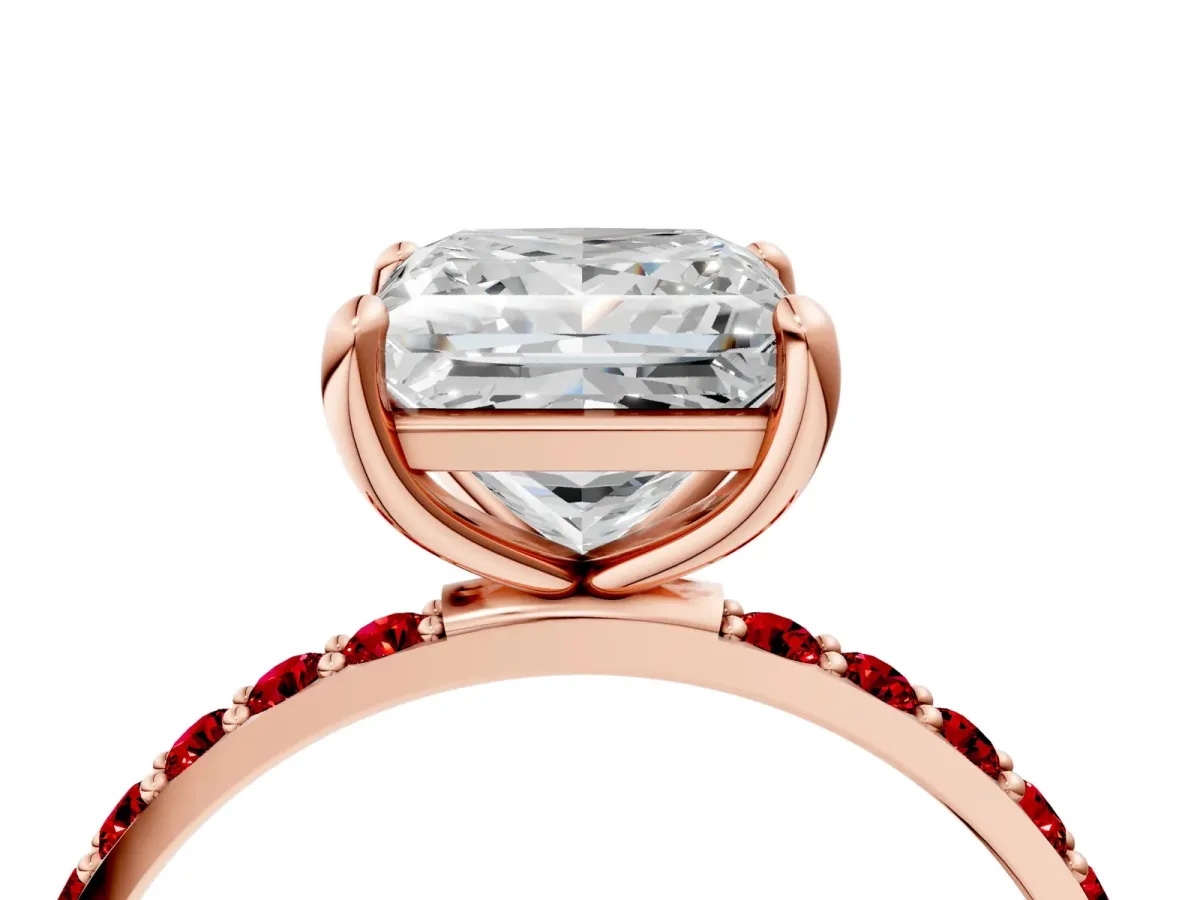 Princess Cut Diamond Solitaire Ring with Round Ruby Pavé Band and Prong Setting Rose gold