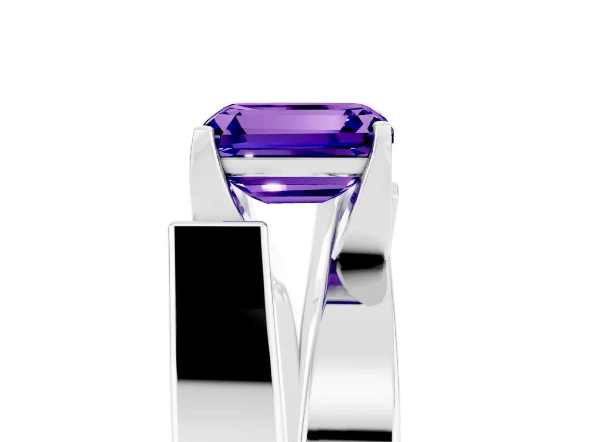 Modern Tension Set Emerald Cut Tanzanite Solitaire Wide Band Ring Silver