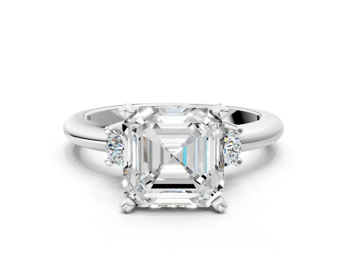 Three-Stone Asscher Cut Cut Diamond Solitaire with Prong Setting and Classic Band Platinum