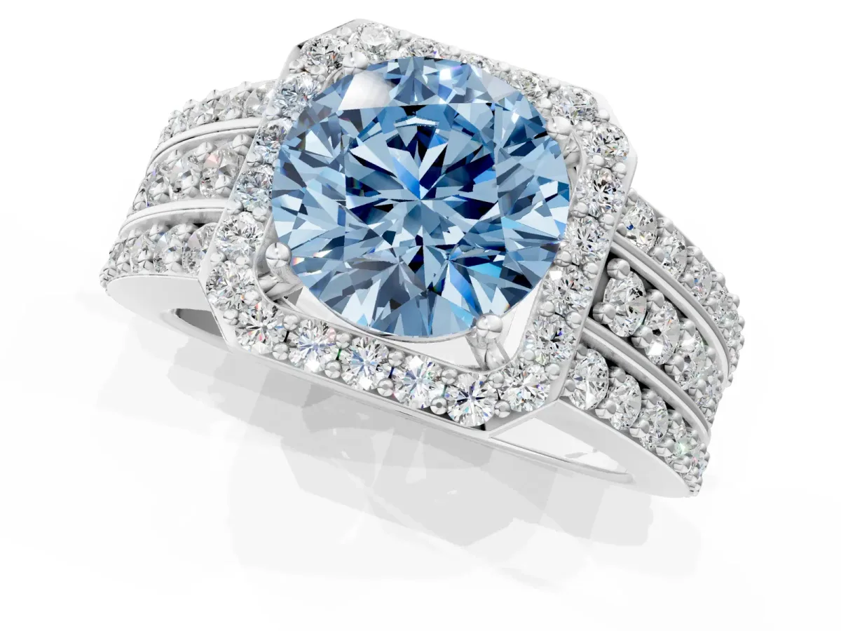 Fancy Blue Round Cut Halo Diamond Ring with Round Split Shank and Prong Setting White gold