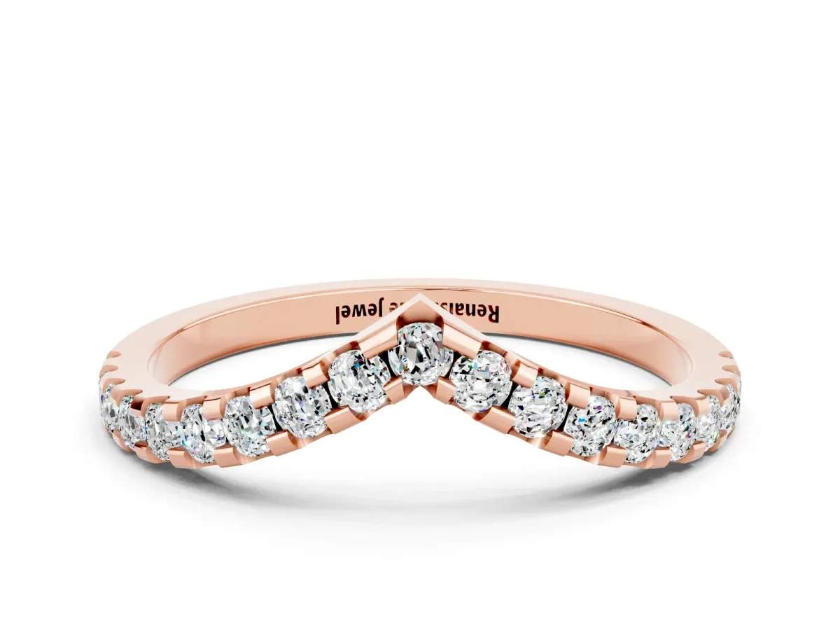 Pavé Round Moissanite Chevron Band with Shared Prong Setting Rose gold