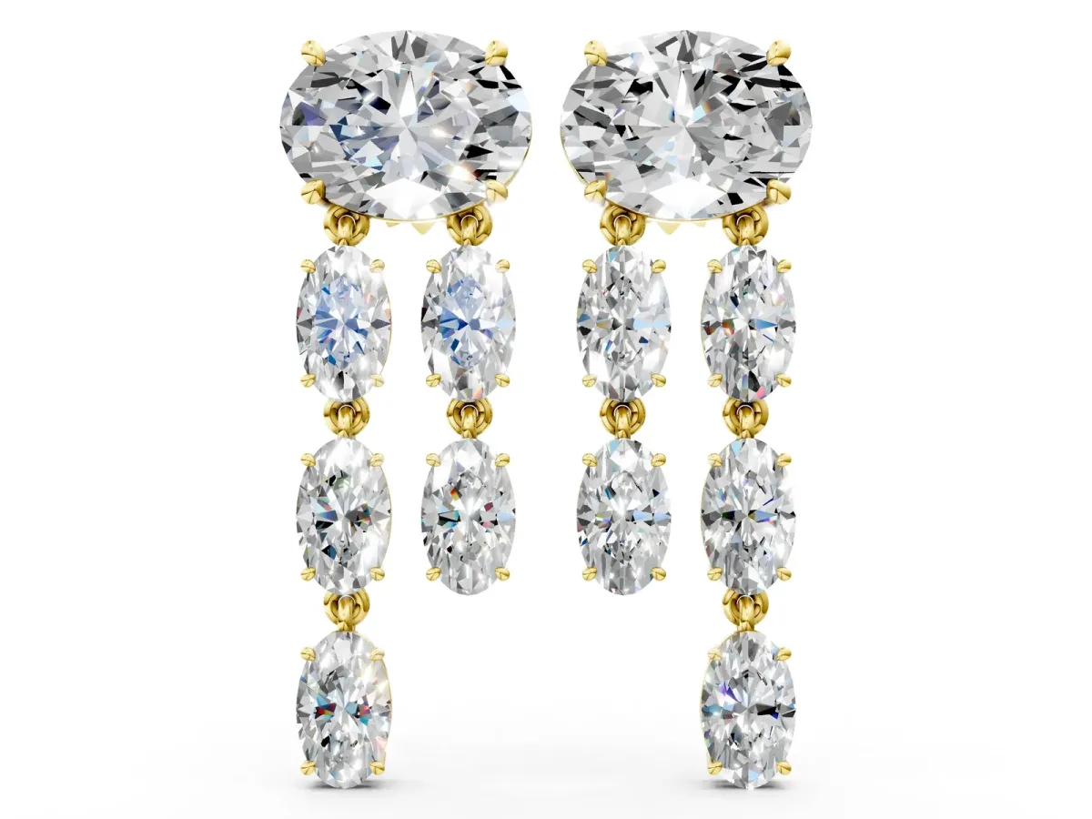 Oval Cut Diamond Multi-Row Drop Earrings Yellow gold