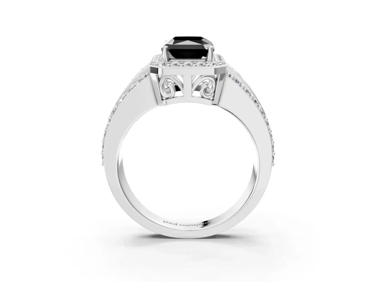 Fancy Black Radiant Cut Halo Diamond Ring with Round Split Shank and Prong Setting Silver