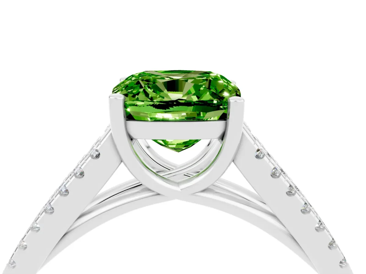 Cushion Cut Peridot Solitaire Engagement Ring with Split Shank Pavé Band Silver