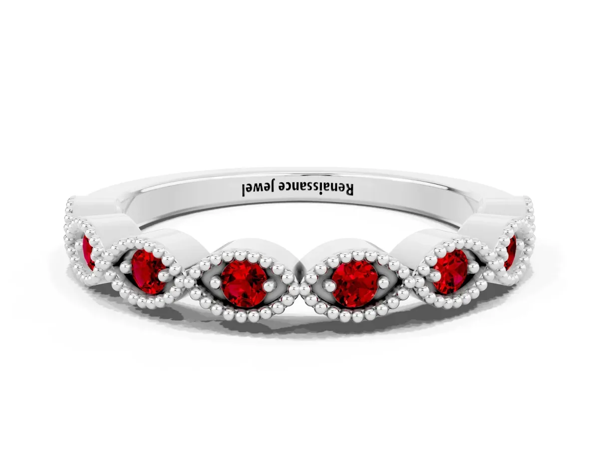 Milgrain Marquise Ruby Half Eternity Band with Bezel Setting Silver