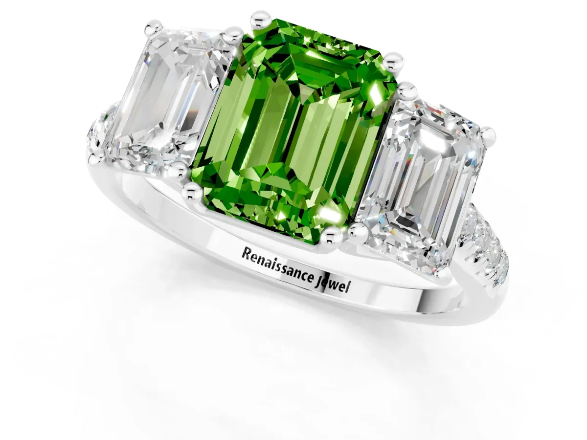 Three-Stone Emerald Cut Peridot Ring with Round Pavé Band and Prong Setting White gold