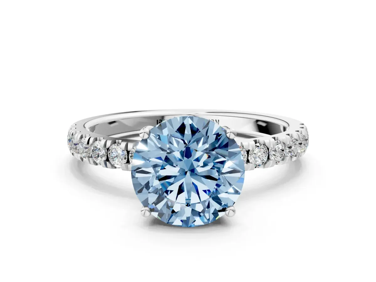 Fancy Blue Round Cut Diamond Pave Band Solitaire Ring with Round and Prong Setting Platinum