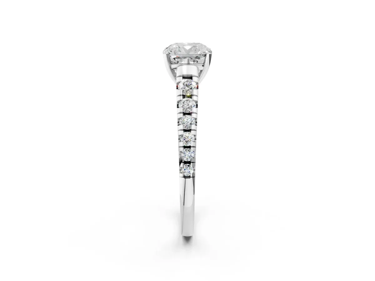 Cushion Cut Diamond Cathedral Solitaire Ring with Round Pavé Band Platinum
