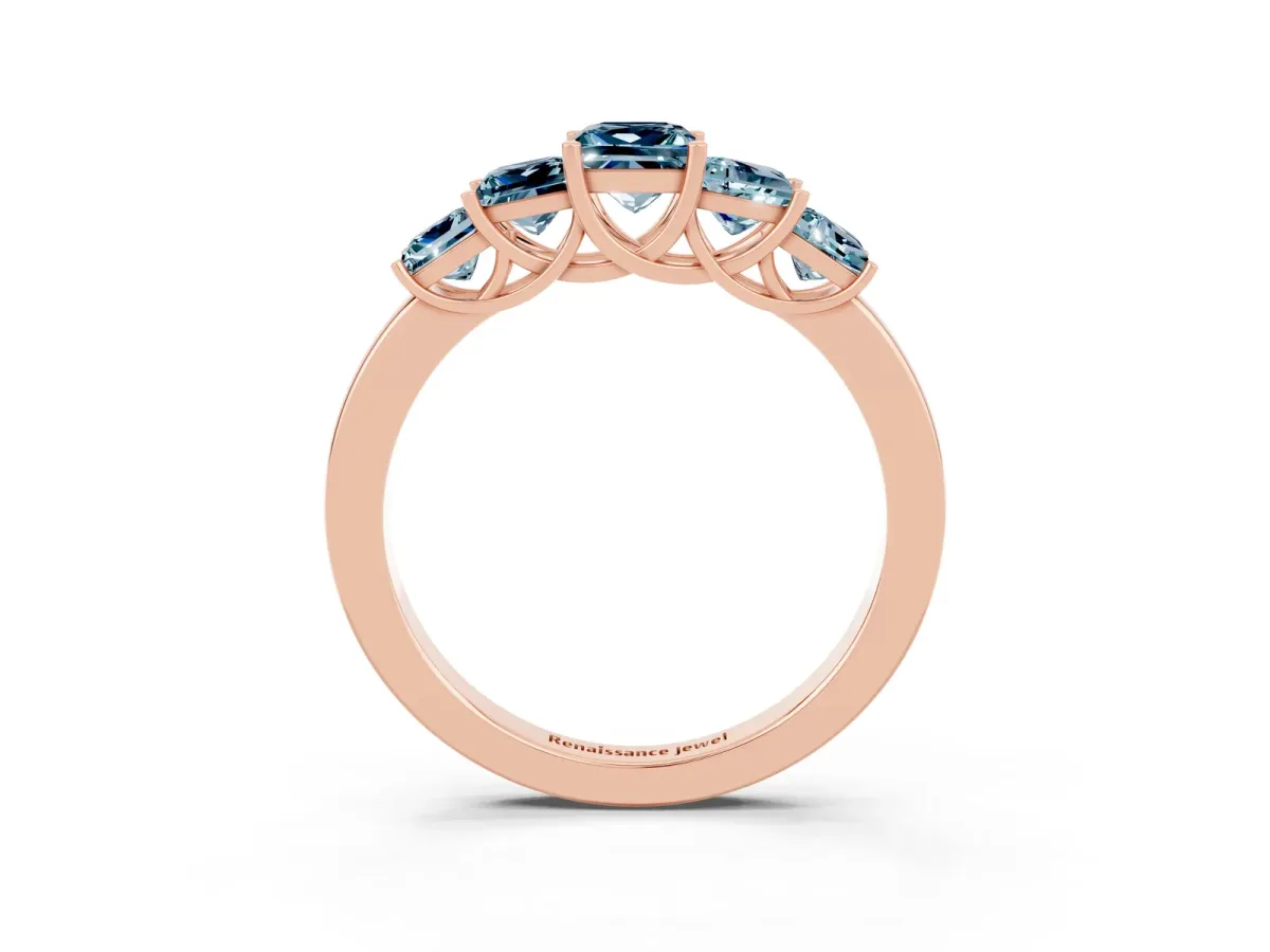 Princess Cut Five-Stone Aquamarine Ring with Classic Prong Setting Rose gold