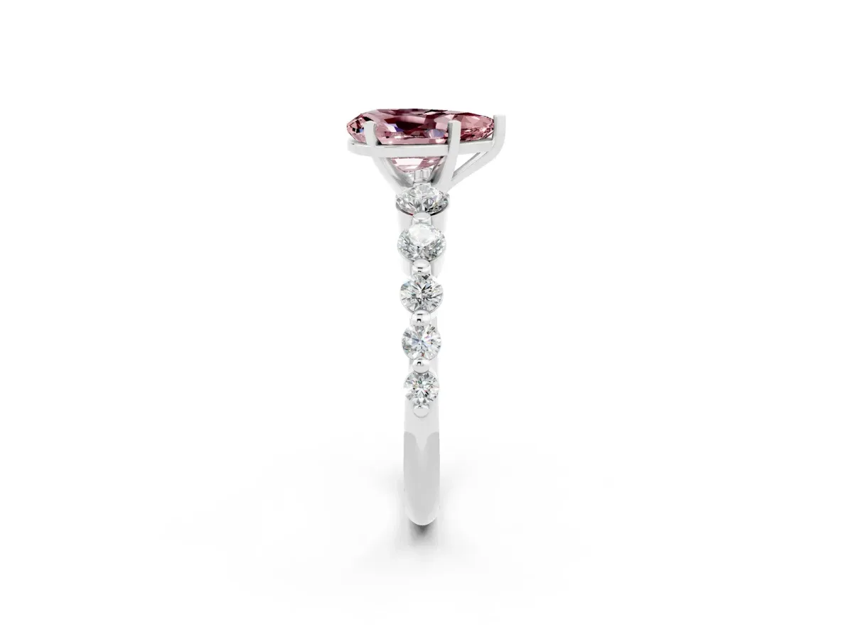 Pear Cut Solitaire Morganite Ring with Pave Band and Four-Prong Setting Platinum