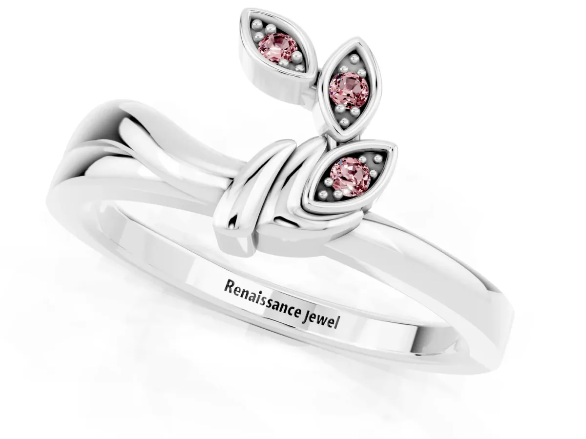 Three-Stone Round Morganite Leaf Bypass Ring with Bezel Setting Platinum