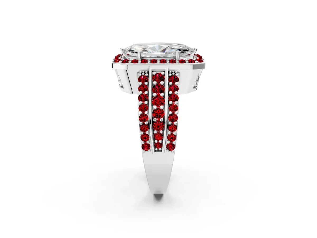 Marquise Cut Halo Diamond Ring with Round Ruby Split Shank and Prong Setting Silver