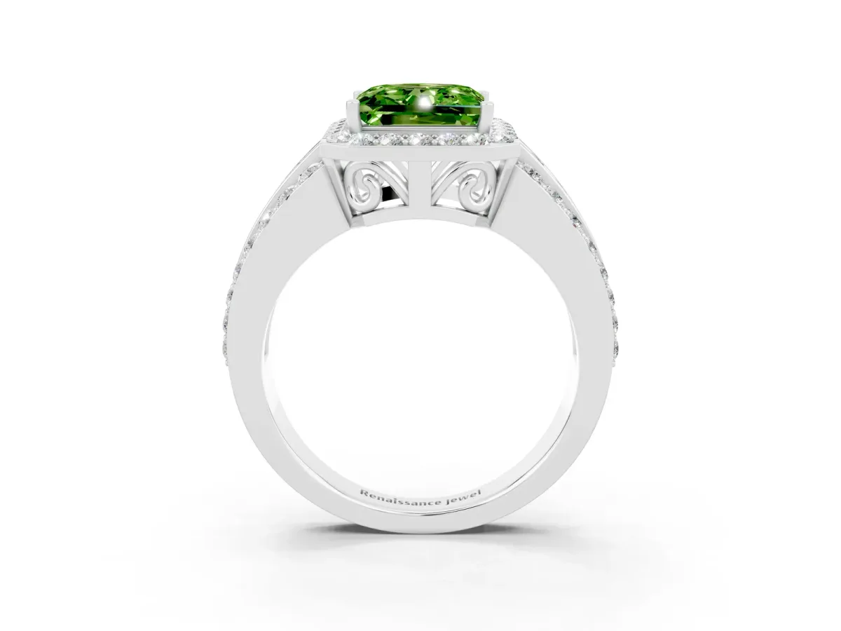 Princess Cut Halo Peridot Ring with Round Split Shank and Prong Setting Silver