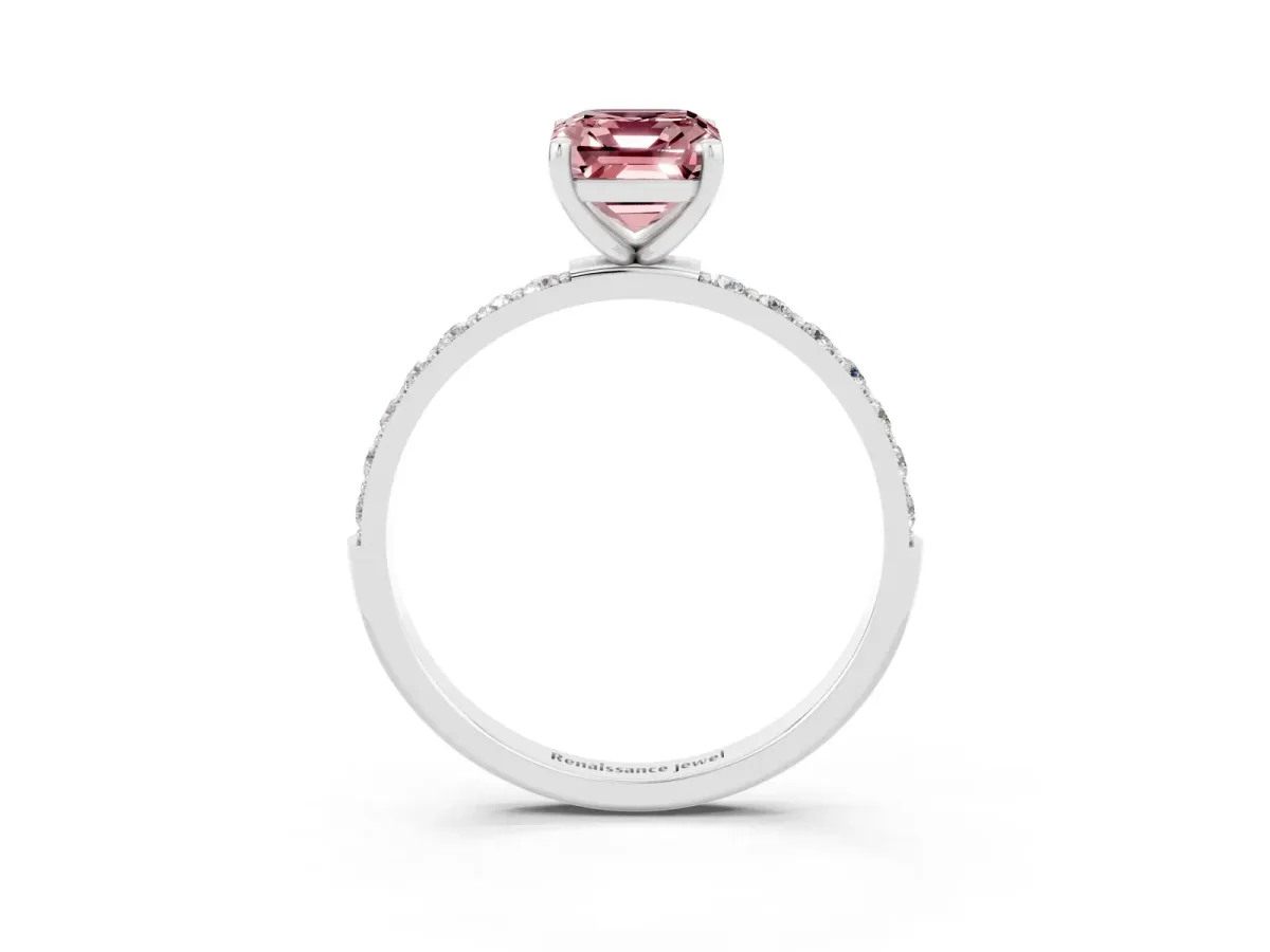 Emerald Cut Morganite Solitaire Ring with Round Pavé Band and Prong Setting Silver