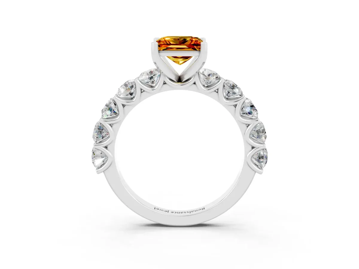 Princess Cut Citrine Prong Setting with Side Stones on a Pave Band Silver