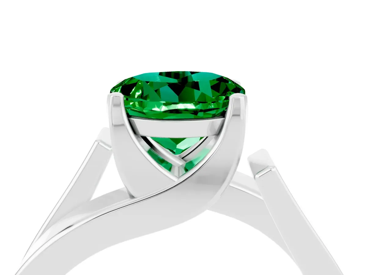 Modern Tension Set Round Cut Emerald Solitaire Wide Band Ring Silver