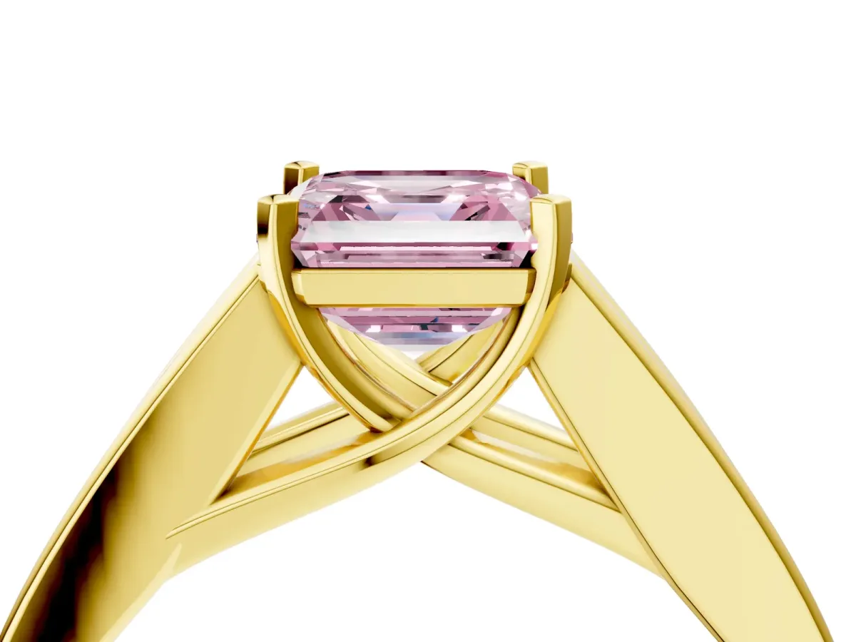 Fancy Pink Asscher Cut Cut Channel Set Solitaire Ring with Four-Prong Setting Yellow gold