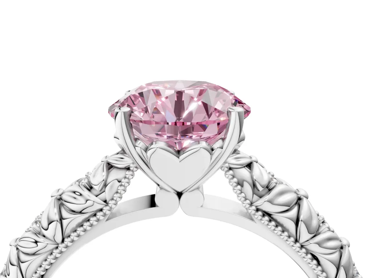 Fancy Pink Round Cut Solitaire Floral Milgrain Engagement Ring Silver