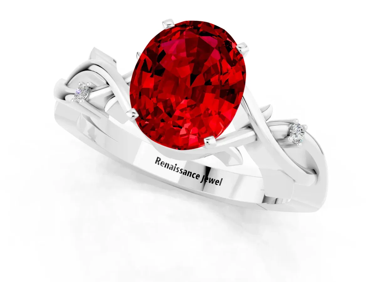 Oval Cut Ruby Solitaire Ring with Twisted Band and Prong Setting Platinum