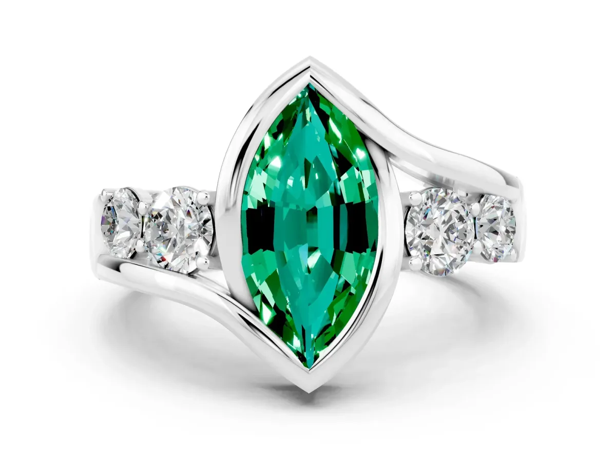 Bezel Set Marquise Cut Emerald Bypass Ring with Round Accents Silver