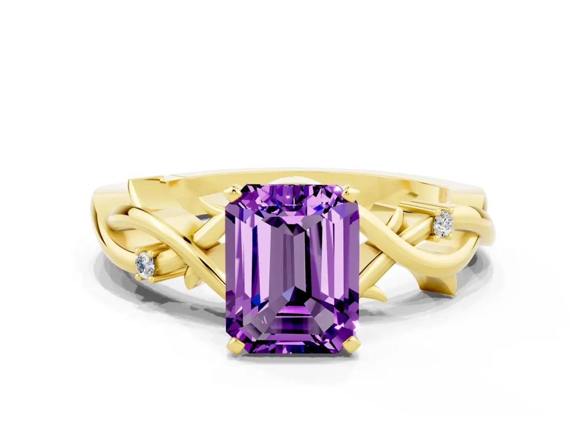 Emerald Cut Amethyst Solitaire Ring with Twisted Band and Prong Setting Yellow gold