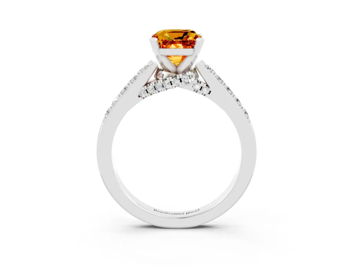 Cushion Cut Citrine Solitaire Ring with Crossover Gallery and Round Pavé Band Silver