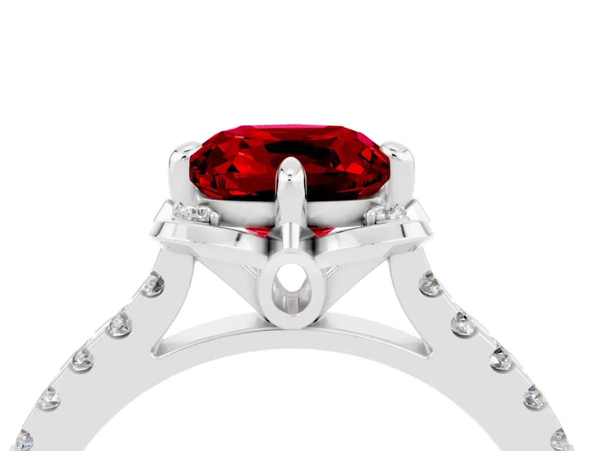 Cushion Cut Ruby Ring with Pavé Band and Floral Prong Setting White gold